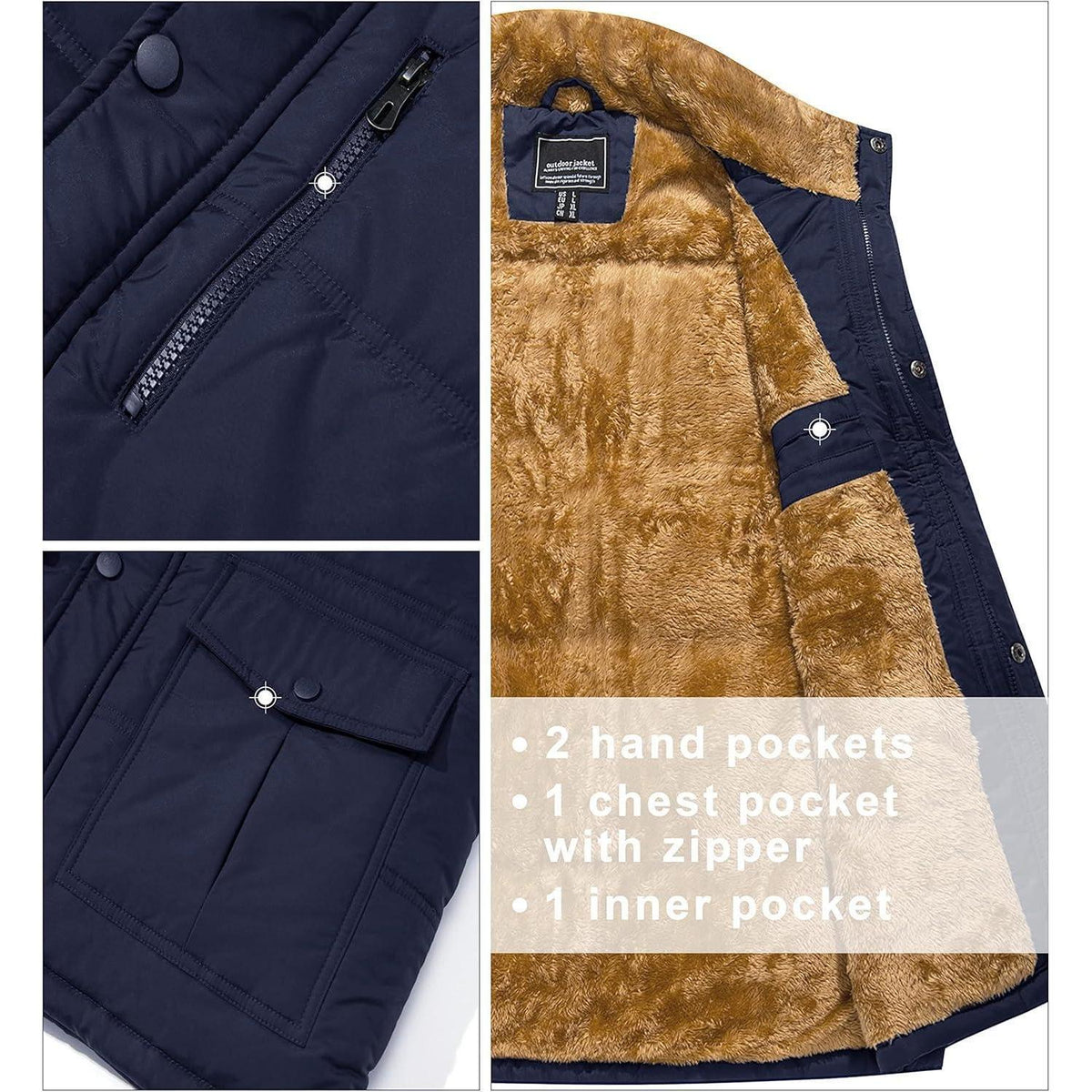 Gefütterte Fleeceweste Herren – Winterjacke Ärmellos Dunkelblau