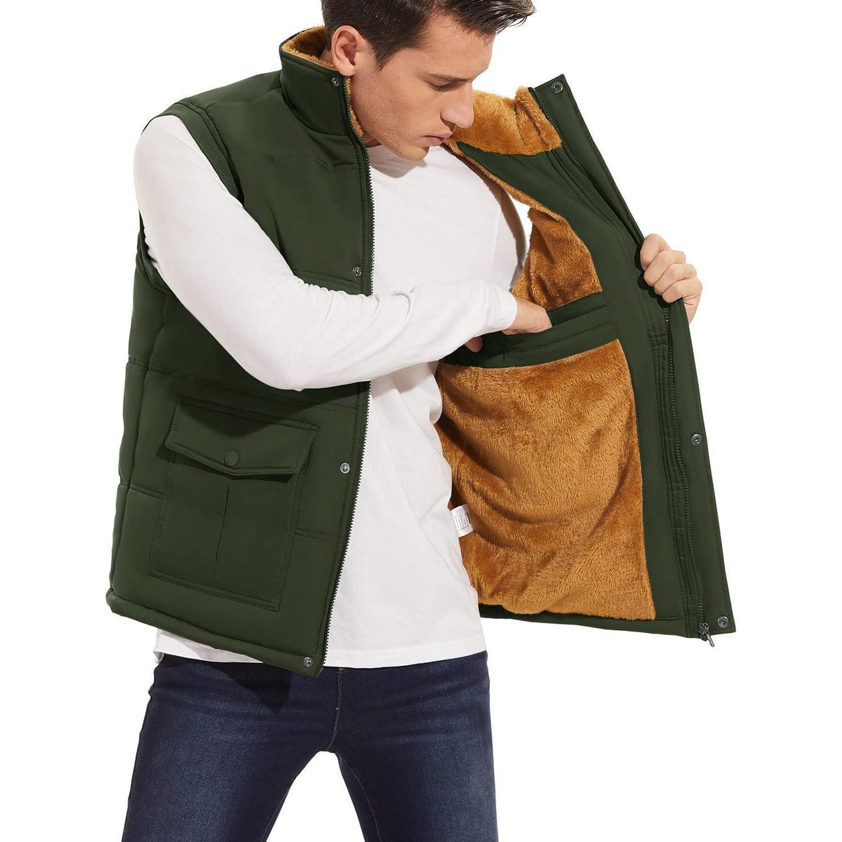 Gefütterte Fleeceweste Herren – Winterjacke Ärmellos, Armeegrün