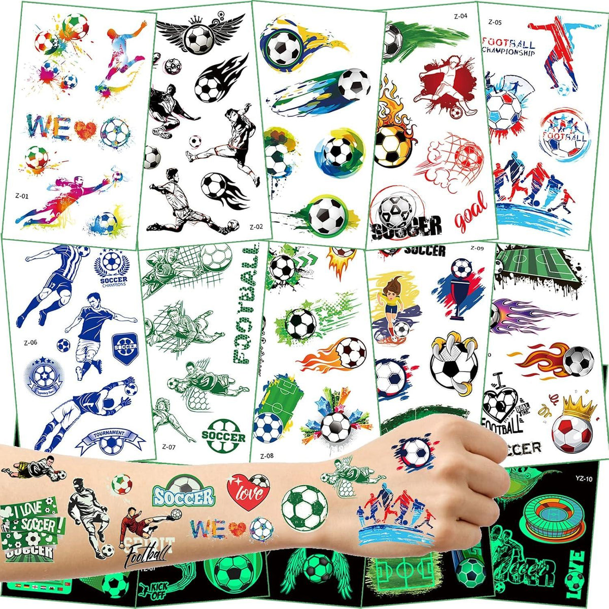 15 Blätter Fußball Tattoos Kinder im Dunkeln leuchten Jungen Temporäre