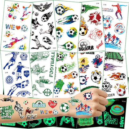 15 Blätter Fußball Tattoos Kinder im Dunkeln leuchten Jungen Temporäre