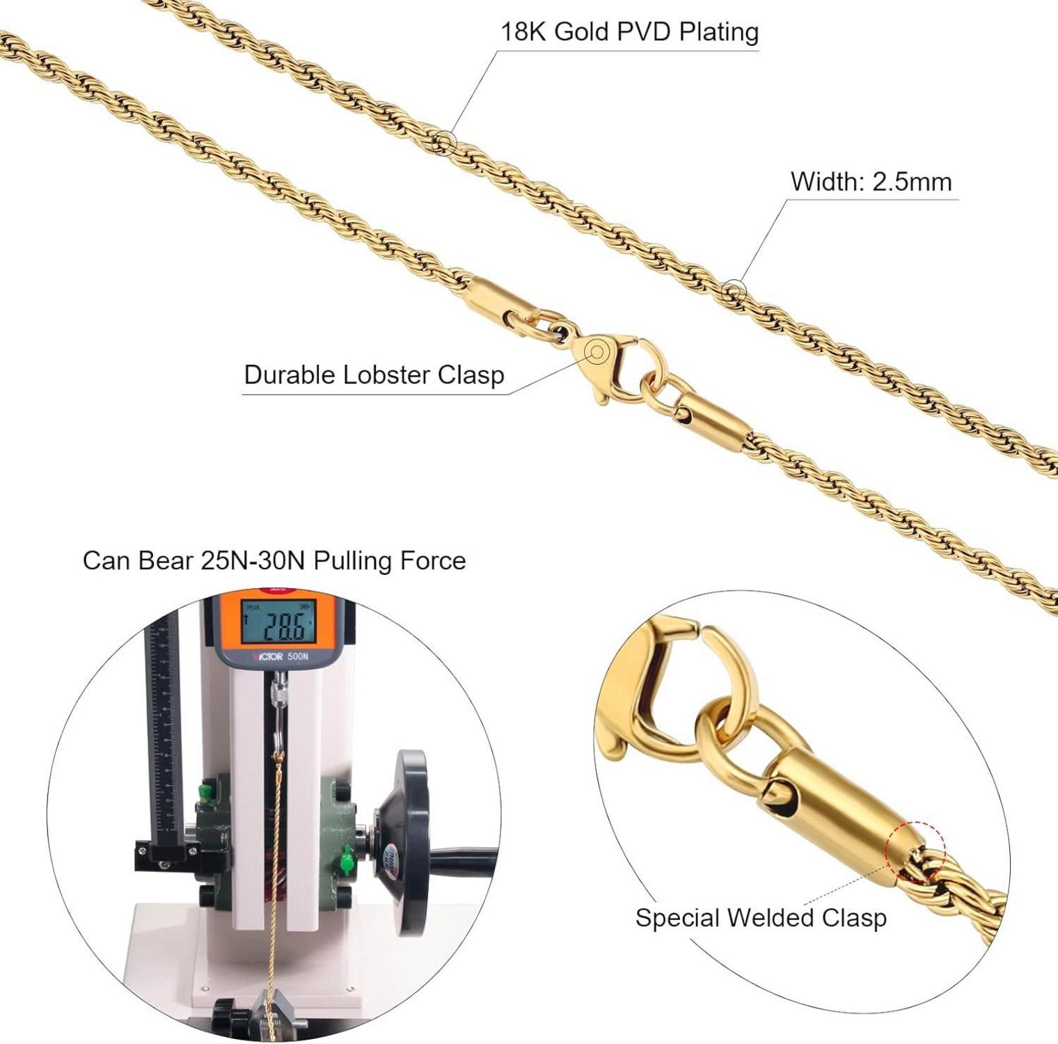 Goldkette Herren 2,5mm dünne Rope Kette Edelstahl 55,9cm Gold/Weißgold