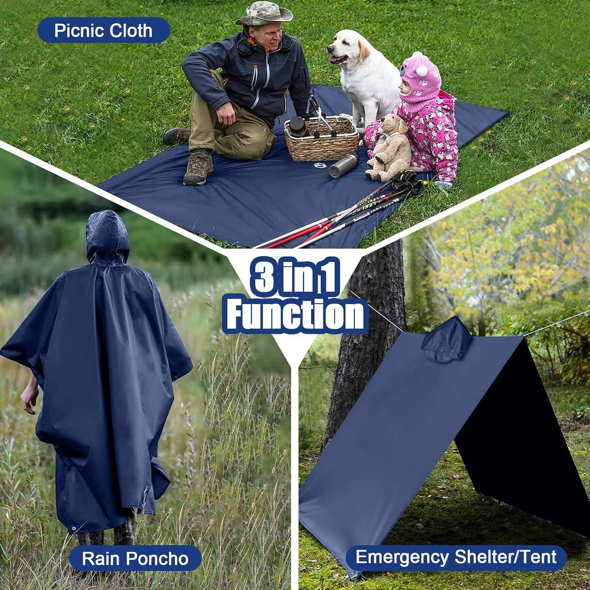 Flintronic Wasserdichter Regenponcho 3-in-1 230x140cm Blau