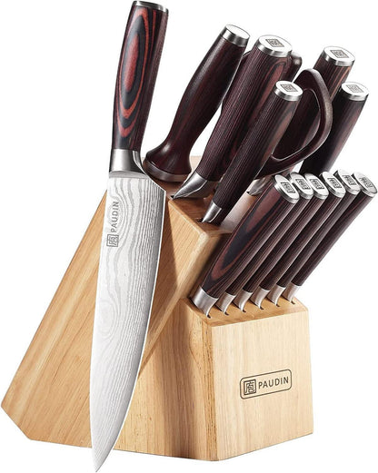 Messerblock Set 14-teilig Edelstahl Küchenmesser Holzblock