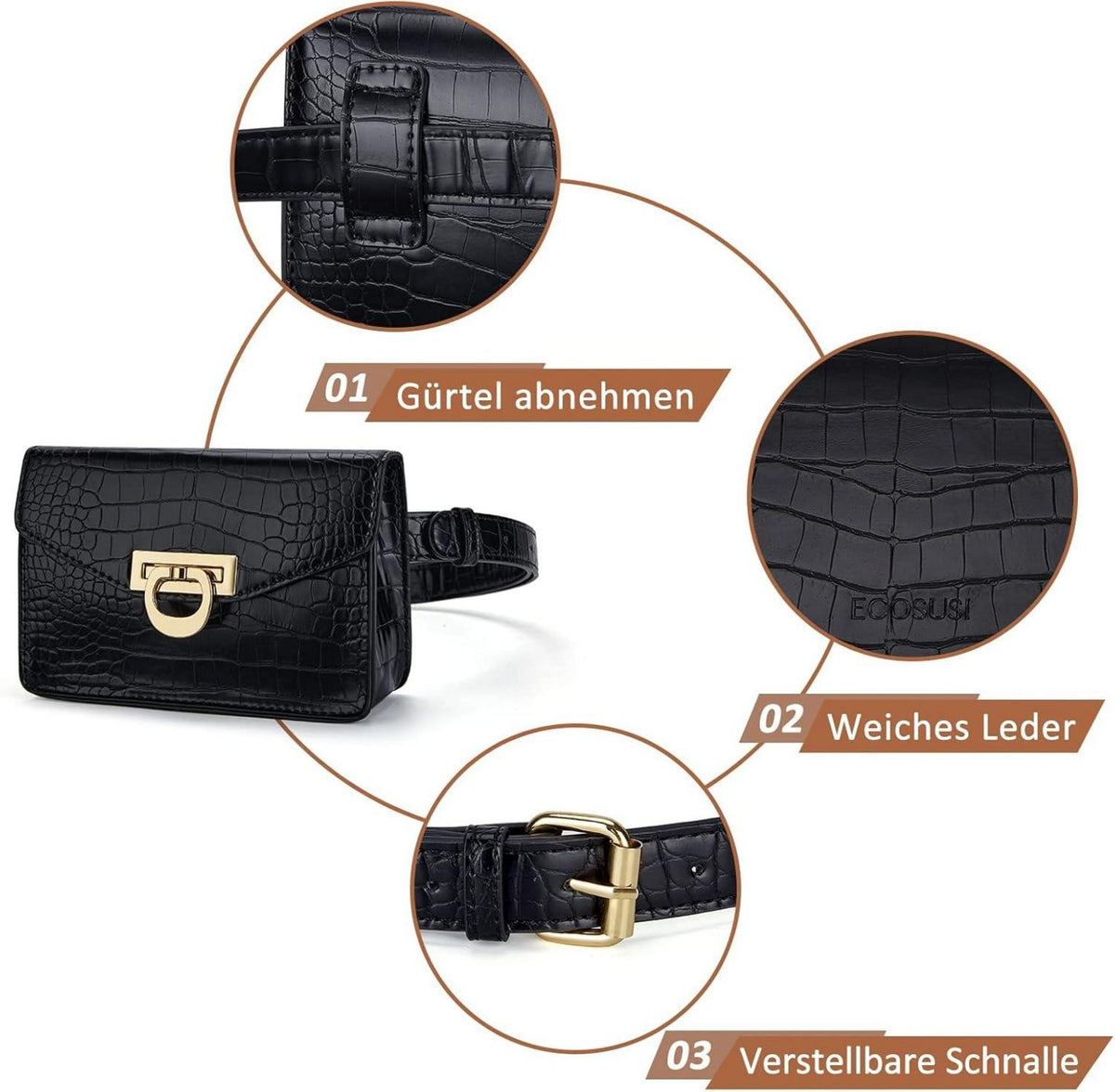 Gürteltasche Damen Bauchtasche Krokoprägung Leder Wasserdicht Schwarz