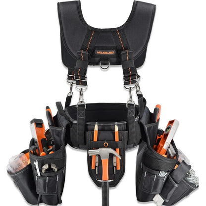 Herren Werkzeuggürtel mit Hosenträgern, 39 Taschen, gepolstert, Schwarz/Orange