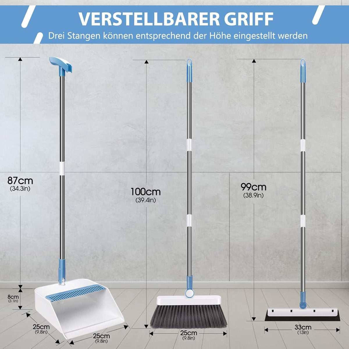 Aufrecht Besen Kehrschaufel Set Stiel Borsten 3-Schicht