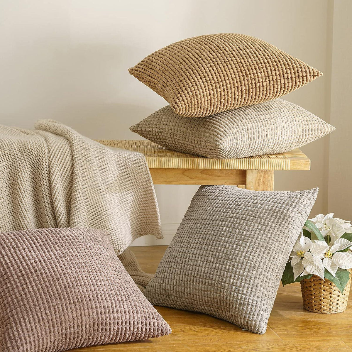 Kordsamt Kissenbezug Granulat Deko Kissen 2er Set 40x40cm Sandfarbe