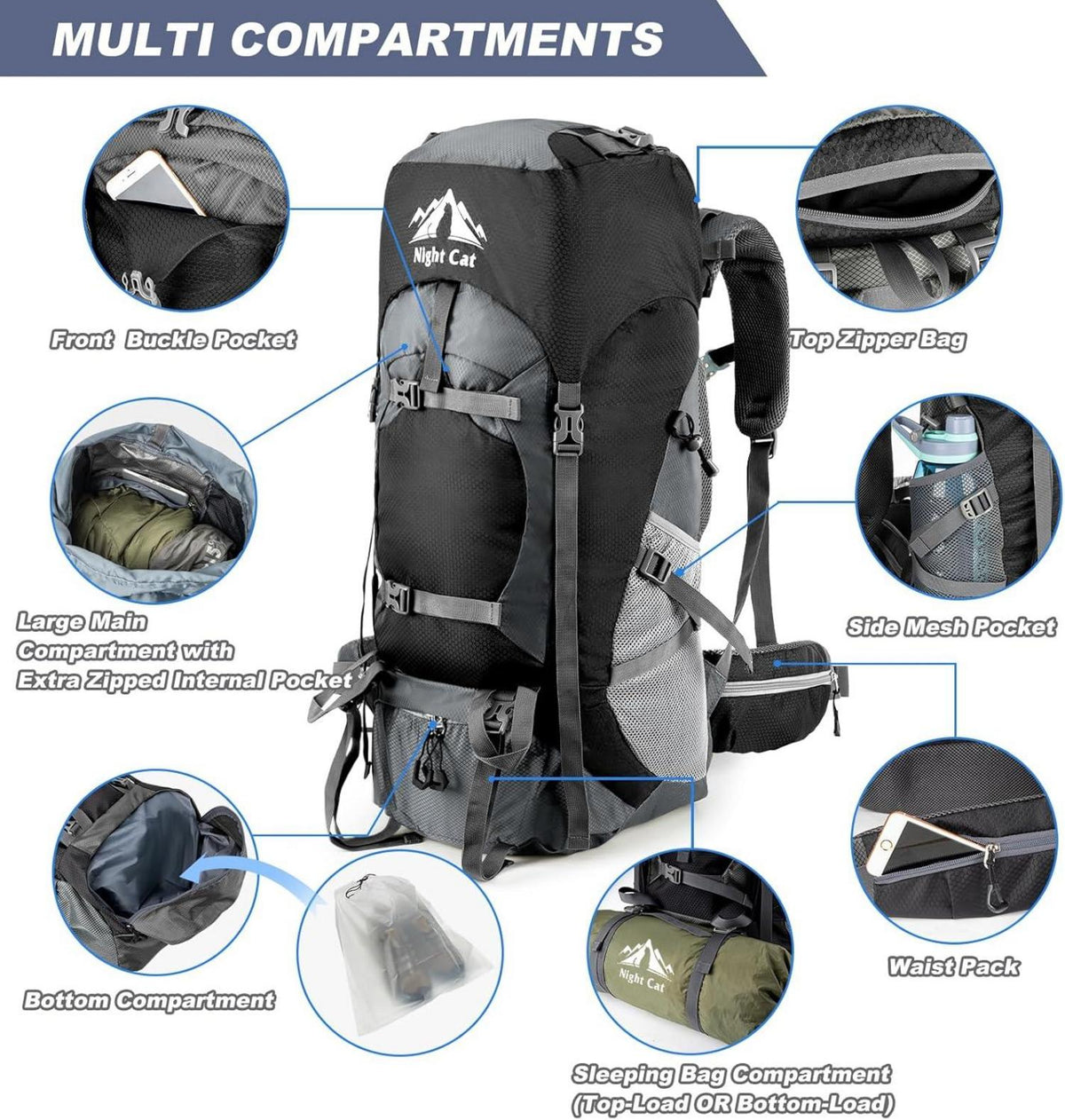 Night Cat Trekkingrucksack 70L Schwarz Herren Damen - Atmungsaktiv & Wasserdicht