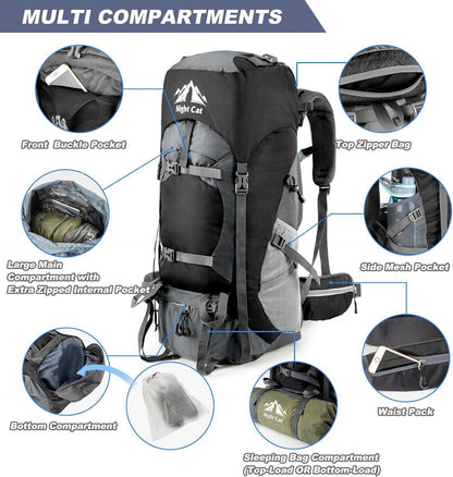 Night Cat Trekkingrucksack 70L Schwarz Herren Damen - Atmungsaktiv & Wasserdicht