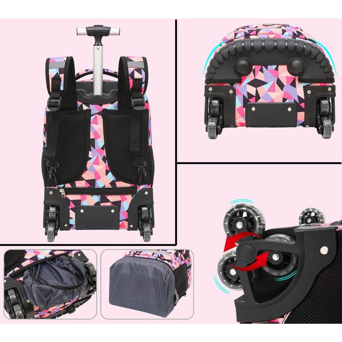 Schultrolley Rucksack Rollen Kinder Schultasche Purpur Rosa mit Regenhülle