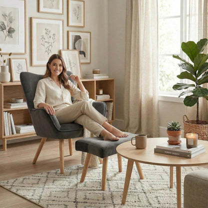 Ohrensessel mit Hocker – Dunkelgrauer Samt Relaxsessel