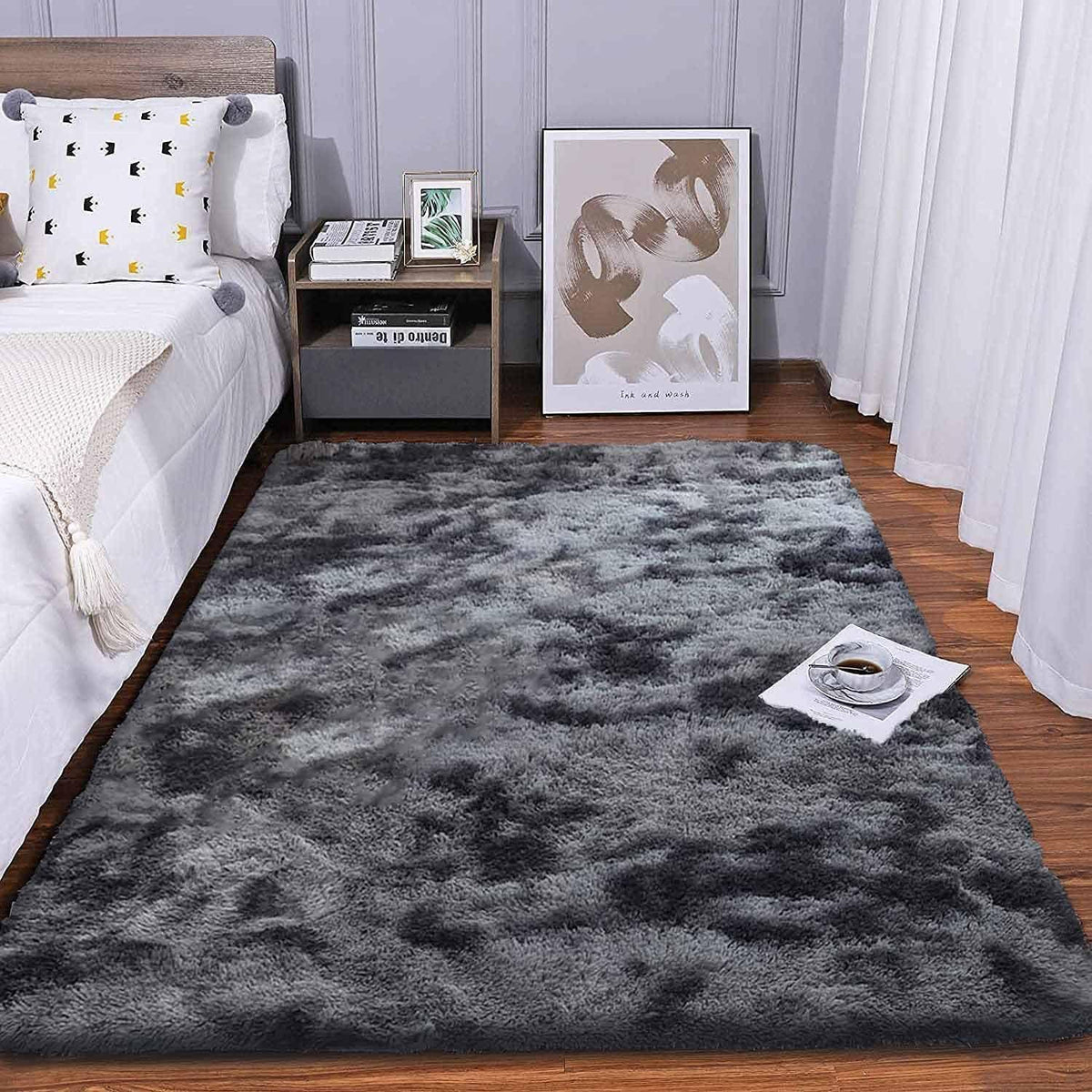 Flauschiger Teppich Rund Modern Hochflor Rutschfest Grau Schwarz 200x300cm