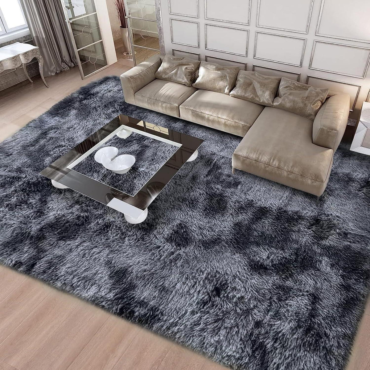 Flauschiger Teppich rund, hochflor, rutschfest, 200x250cm, Schwarz Grau