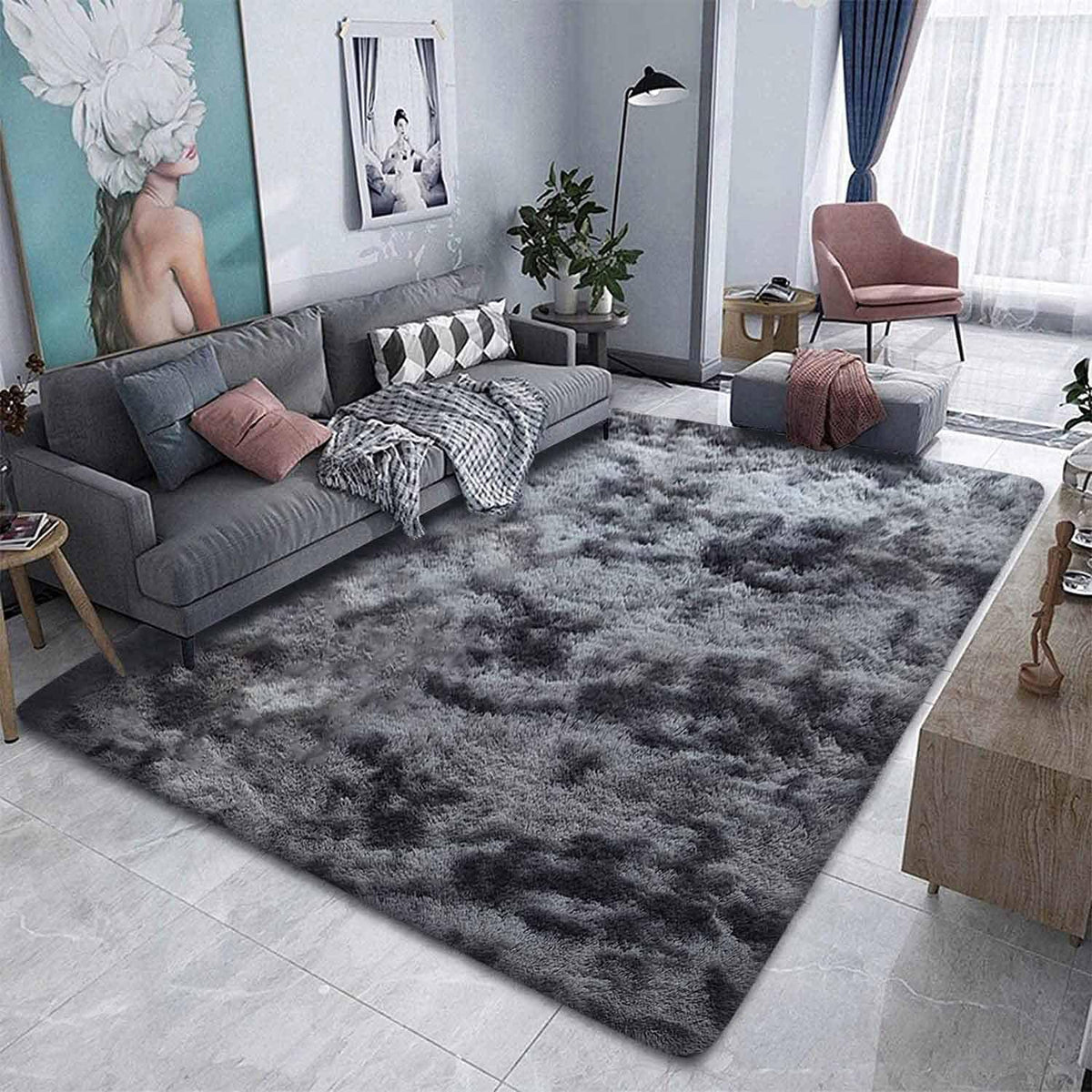 Flauschiger Teppich rund, hochflor, rutschfest, 200x250cm, Schwarz Grau