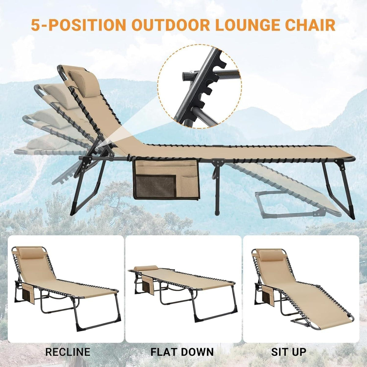 Campingliege Sonnenliege mit Kopfkissen und Seitentasche bis 120 kg belastbar 5-Fach verstellbar für Outdoor Reise Garten 2er Set Beige Teslin