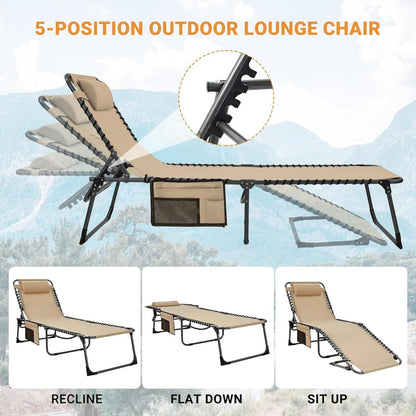 Campingliege Sonnenliege mit Kopfkissen und Seitentasche bis 120 kg belastbar 5-Fach verstellbar für Outdoor Reise Garten 2er Set Beige Teslin