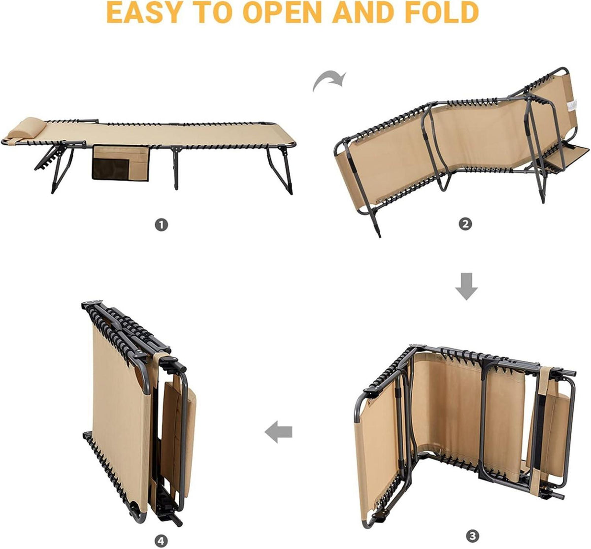 Campingliege Sonnenliege mit Kopfkissen und Seitentasche bis 120 kg belastbar 5-Fach verstellbar für Outdoor Reise Garten 2er Set Beige Teslin