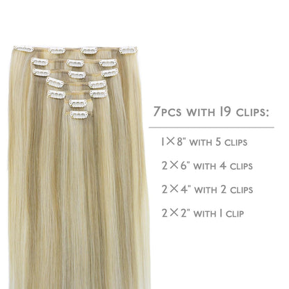 Echthaar Clip-Ins Aschblond mit Platin Highlights 35cm