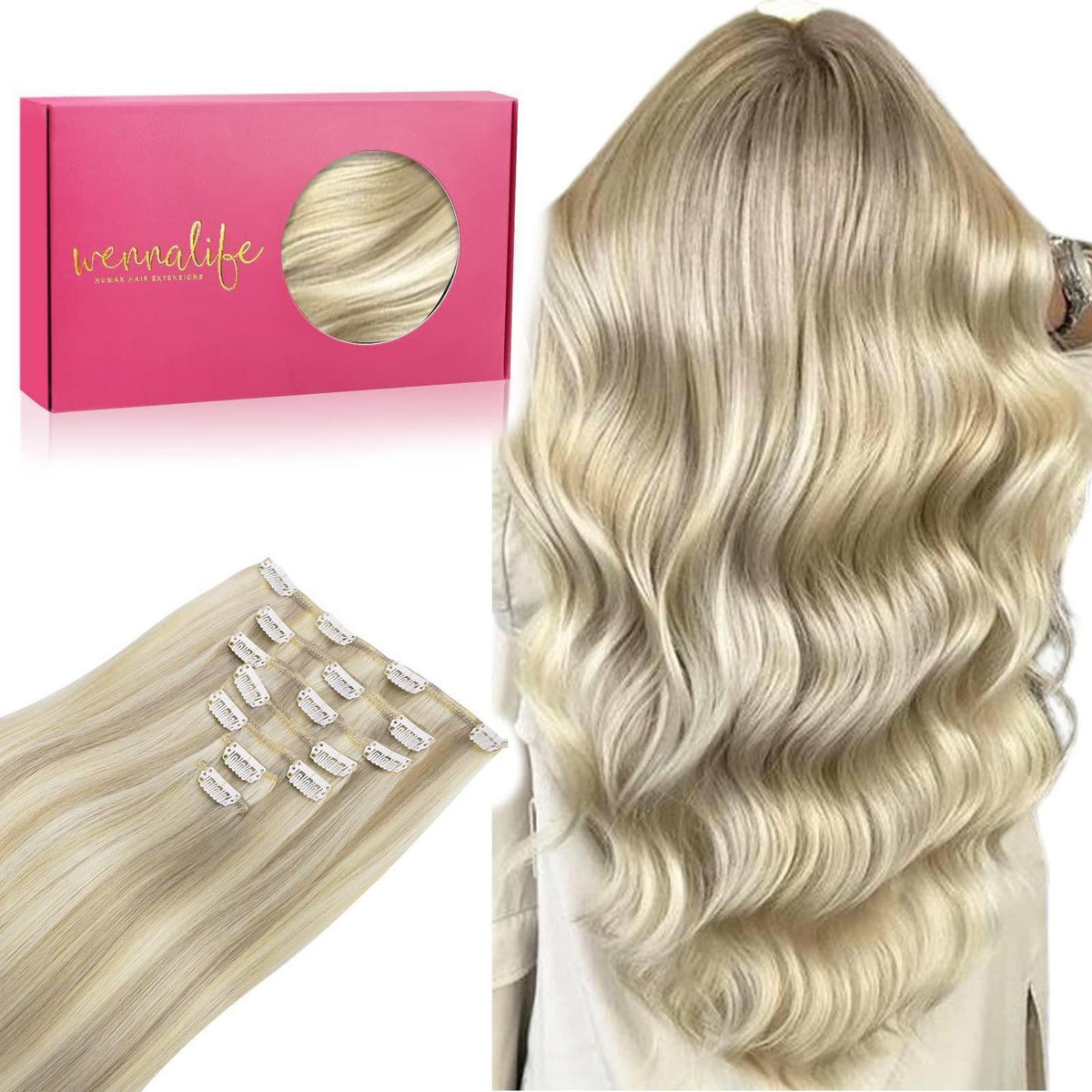 Echthaar Clip-Ins Aschblond Highlights Platinblond 45cm