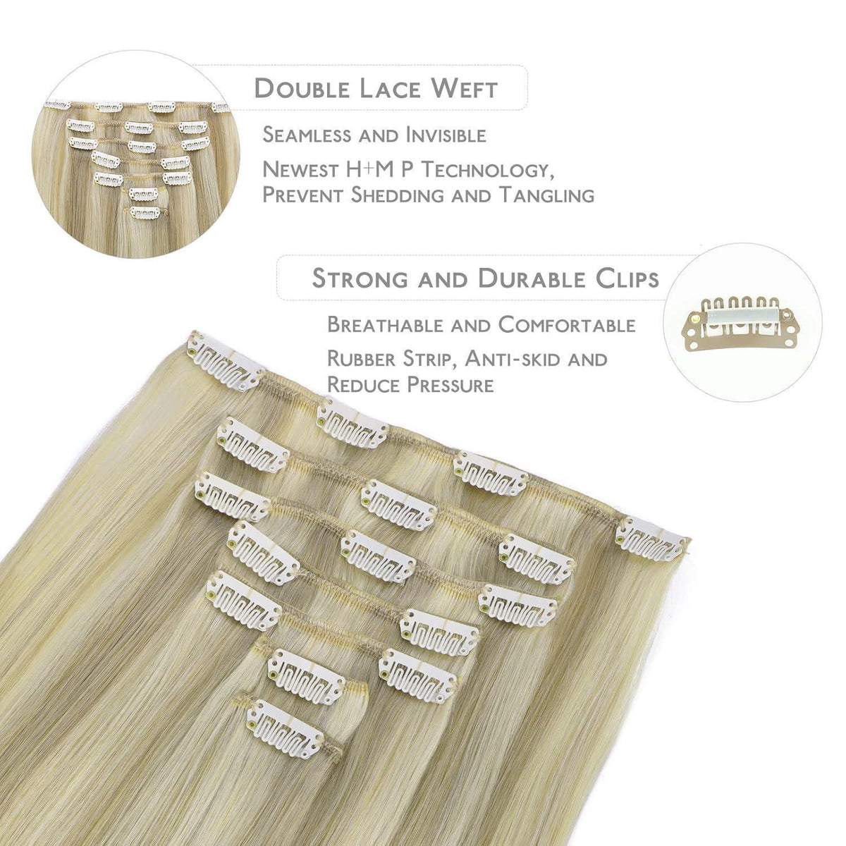 Echthaar Clip-Ins Aschblond Highlights Platinblond 45cm