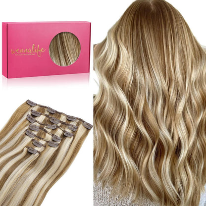 Echthaar Clip-Ins Ash Braun Highlights Goldblond 40cm