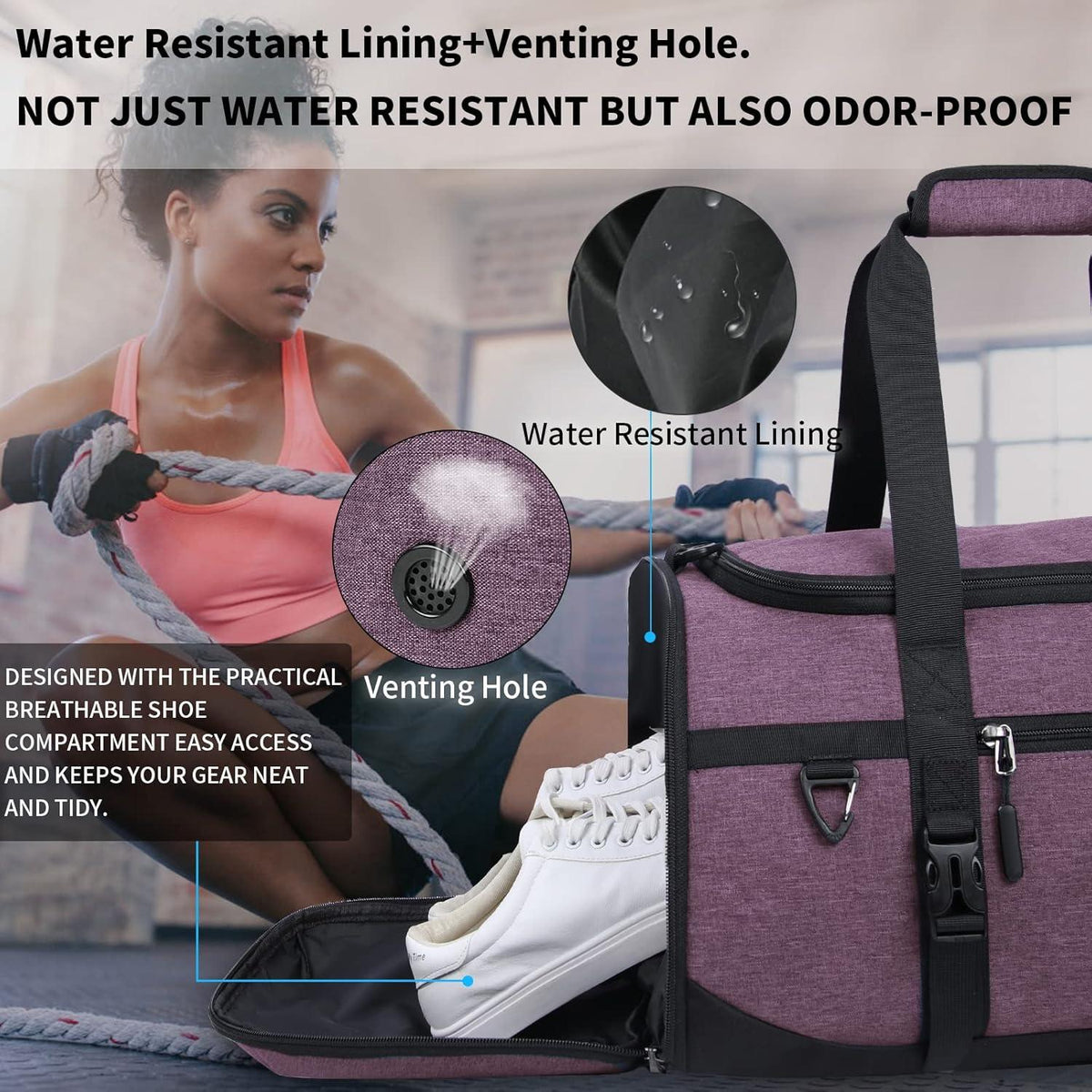 Sporttasche 40L Wasserdicht mit Schuhfach Nassfach Violett Gym Bag