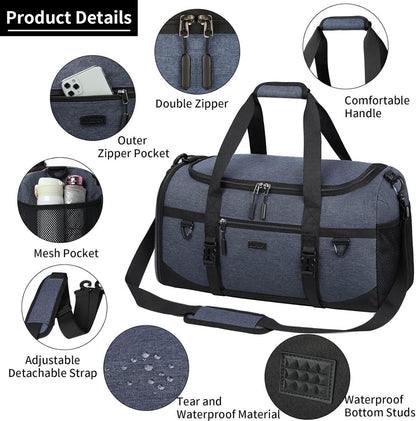 Sporttasche 55L Wasserdicht mit Schuhfach & Sporthandtuch Blau