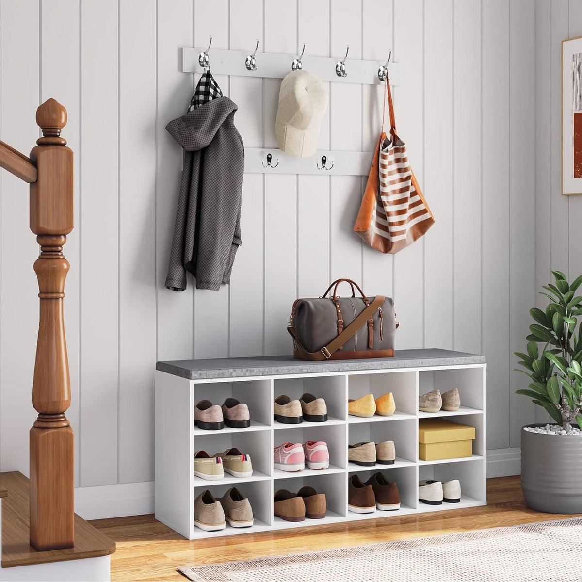 Garderobe mit Schuhbank und 12 Fächern, weiß/grau