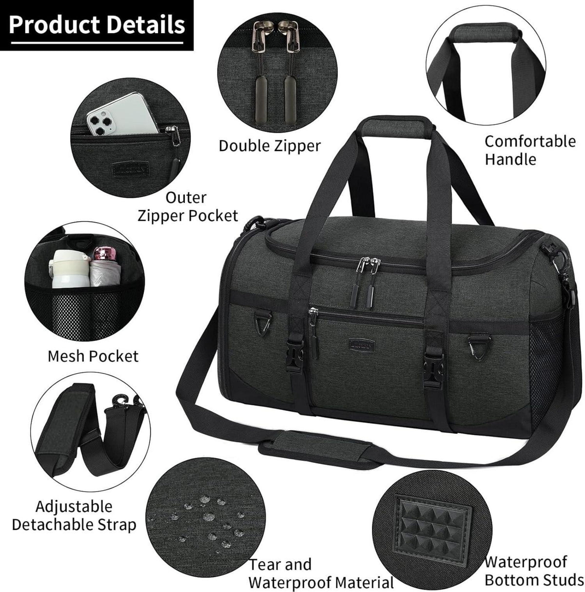 Sporttasche 40L Wasserdicht mit Schuhfach und Sporthandtuch
