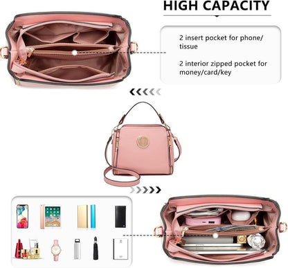 Damen Umhängetasche Schultertasche Crossbody PU Leder Top Griff Rosa
