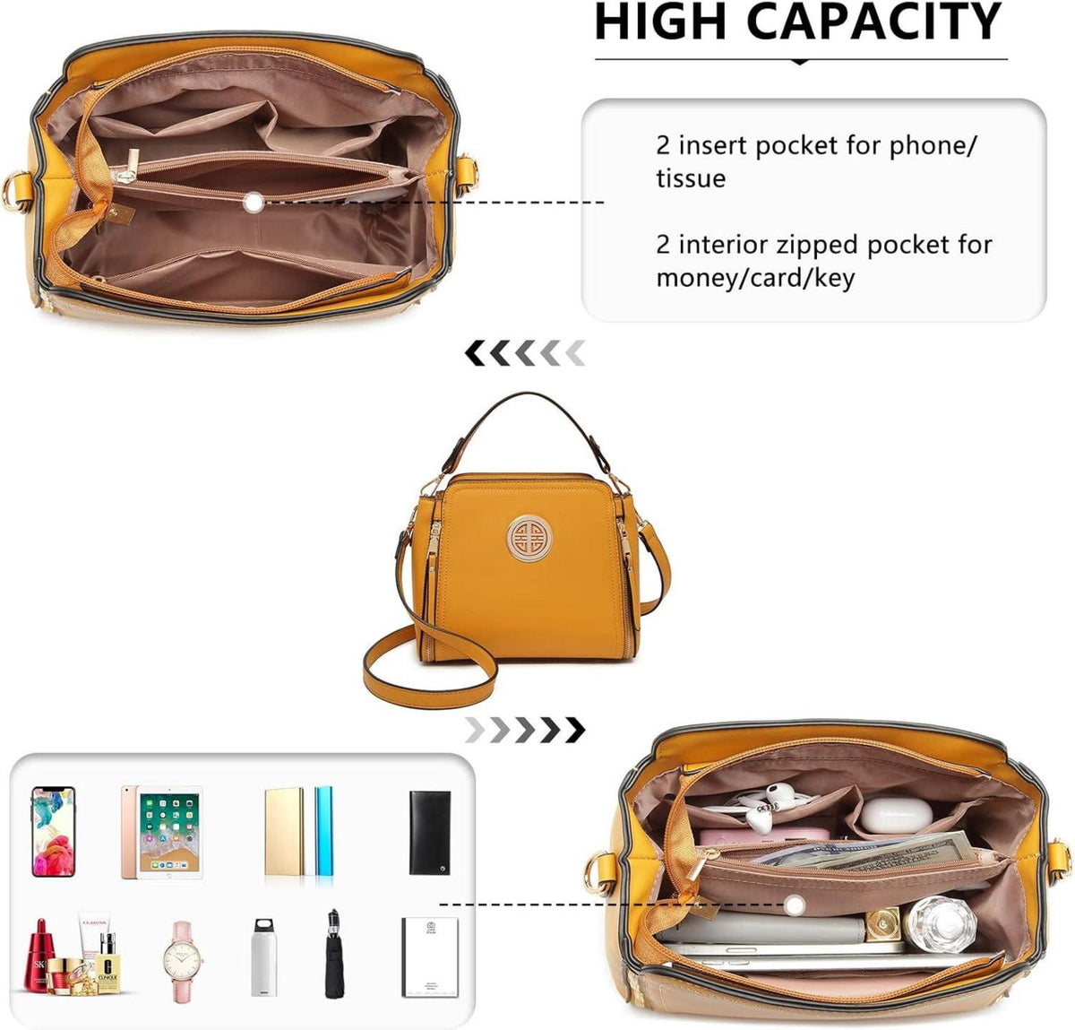 Miss Lulu Damen Umhängetasche Schultertasche Gelb PU Leder