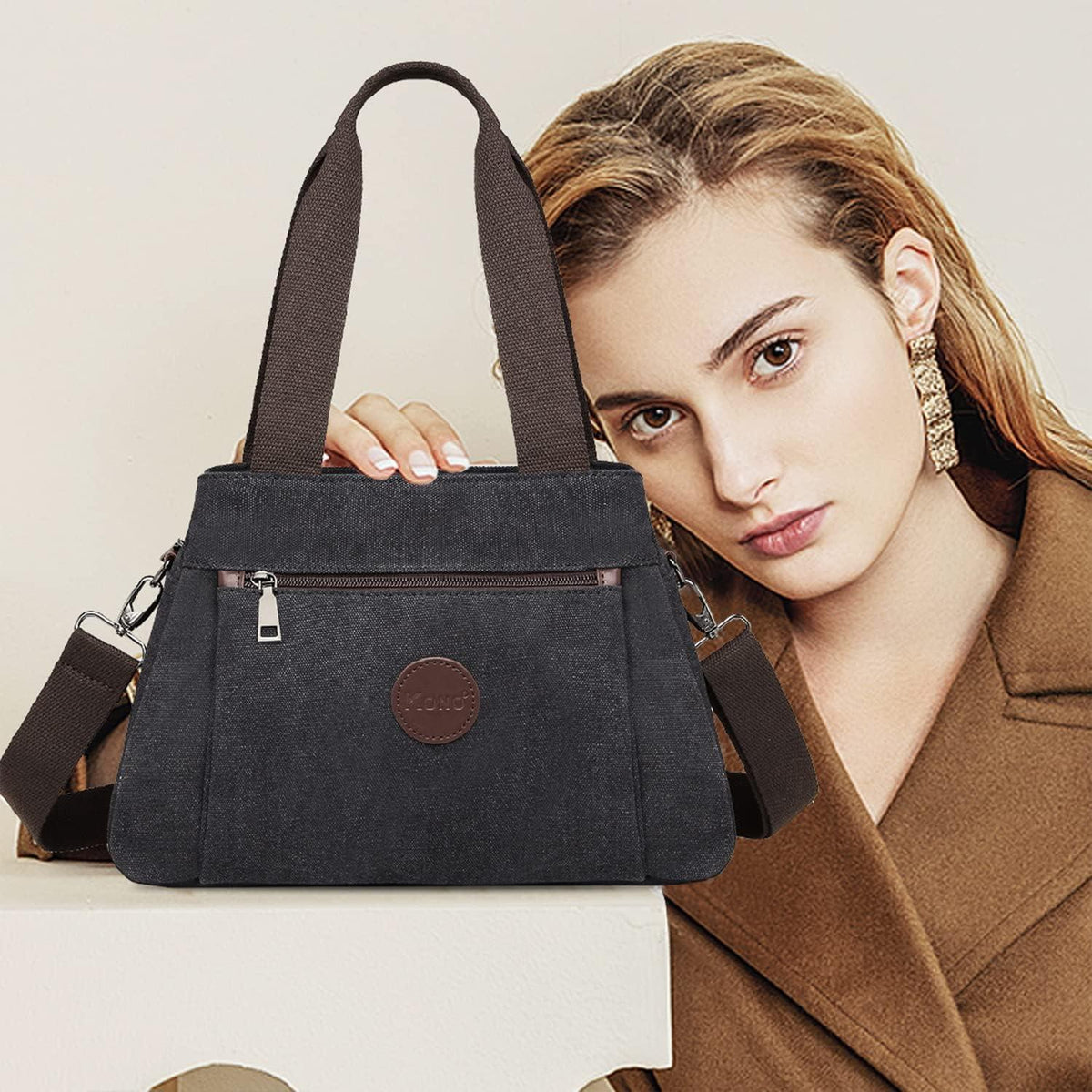 Canvas Handtasche Damen Schultertasche Schwarz mit vielen Taschen