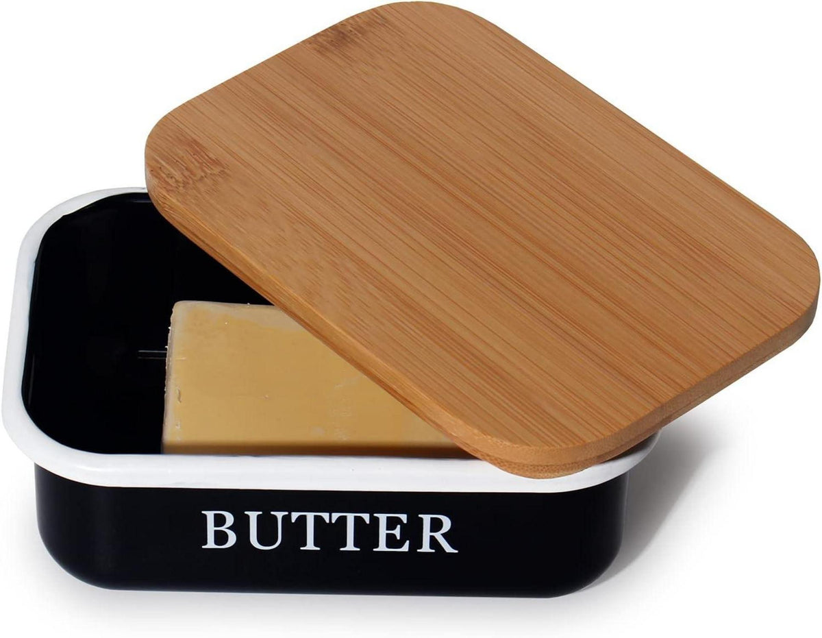 Theo&Cleo Butterdose mit Holzdeckel 250g Butter Multi-Funktion Bambusdeckel Schwarz