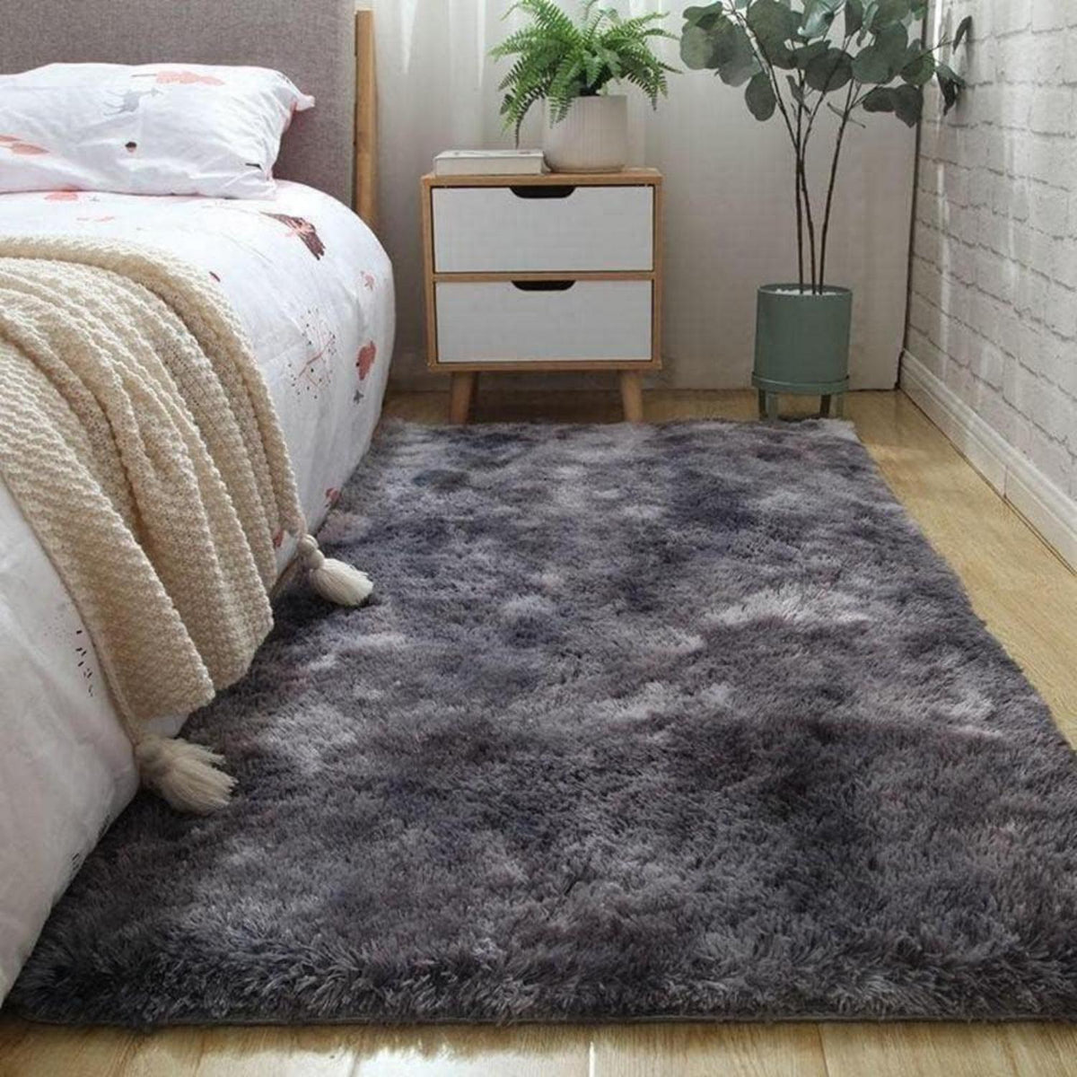 Teppich Bettvorleger Shaggy Hochflor 80x160 cm Dunkelgrau waschbar