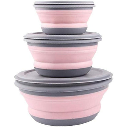 Faltbare Silikonschüssel mit Deckel, 3er Set, Pink