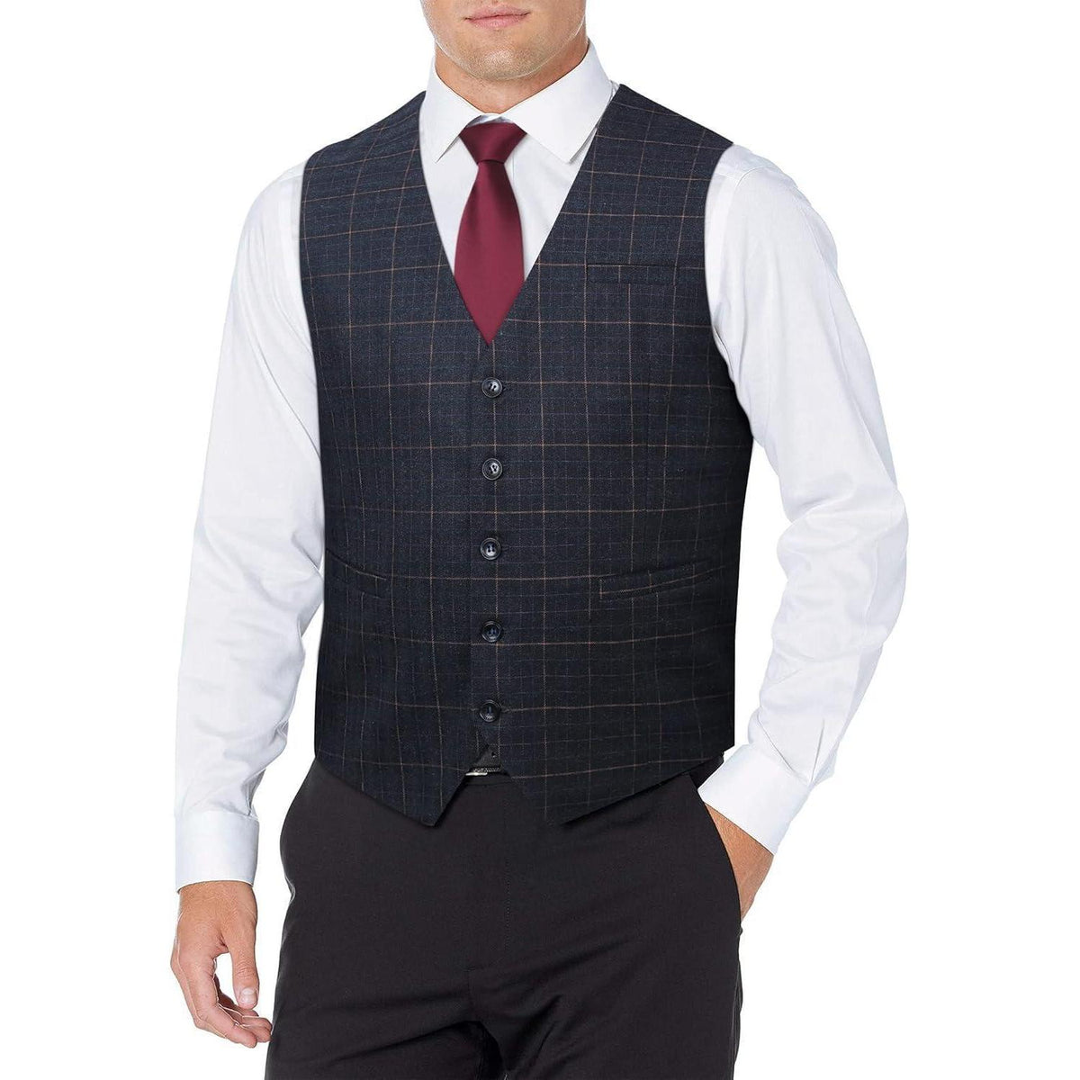 Herren Anzugweste Karo Tweed V-Ausschnitt Verstellbar Marineblau XL