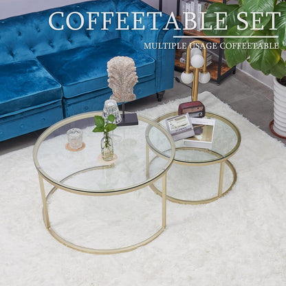 Couchtisch 2er Set Gold Glas Metallgestell Beistelltisch rund