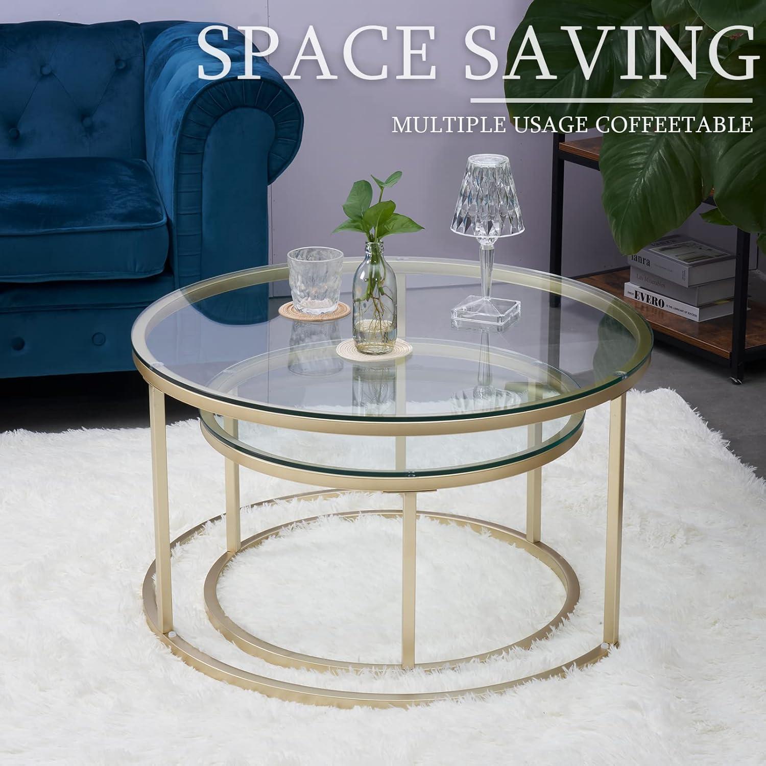 2er Set Couchtisch Gold Glas Metallgestell Beistelltisch rund modern Home