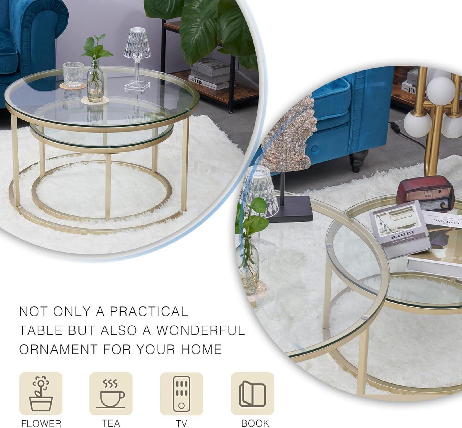 Couchtisch 2er Set Gold Glas Metallgestell Beistelltisch rund