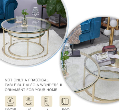 Couchtisch 2er Set Gold Glas Metallgestell Beistelltisch rund