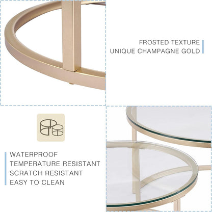 2er Set Couchtisch Gold Glas Metallgestell Beistelltisch rund modern Home