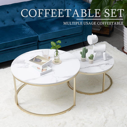 Runder Couchtisch 2er Set Metallgestell Weiß Gold Marmor Optik