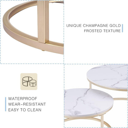 Runder Couchtisch Set in Weiß Gold Marmoroptik mit Metallgestell