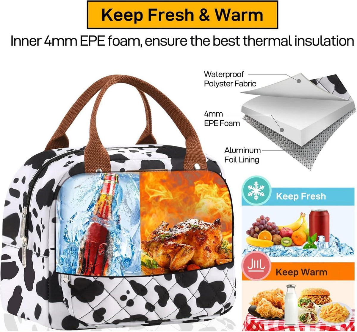 Isolierte Lunchtasche für Erwachsene Kuhdruck 4mm EPE-Schaum