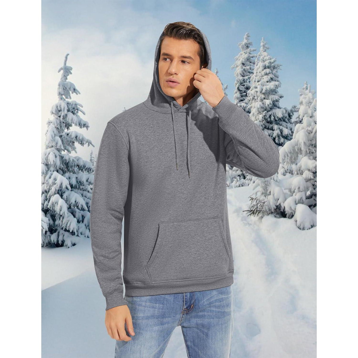 Herren Sherpa Hoodie mit Kängurutasche, warm, winddicht, XXL Hellgrau