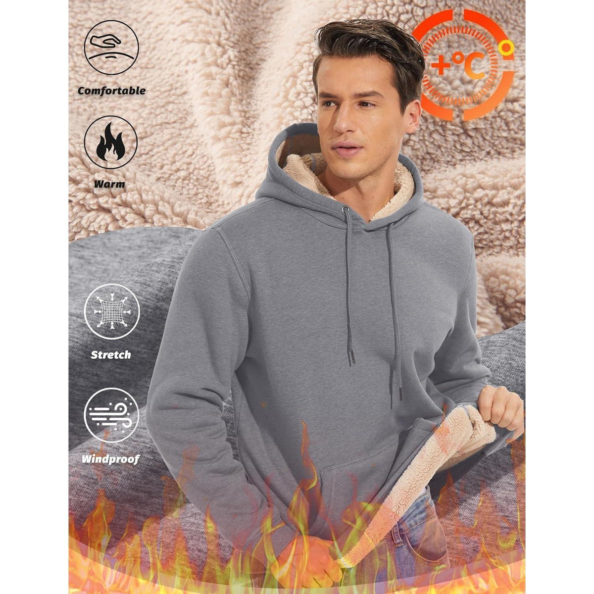 Herren Sherpa Hoodie mit Kängurutasche - Hellgrau