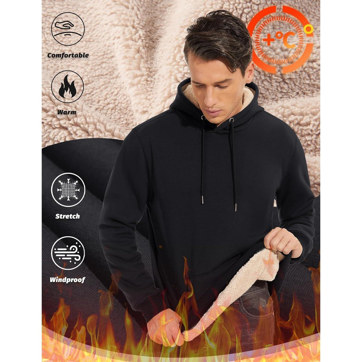 Herren Sherpa Hoodie mit Kängurutasche – Warm & Winddicht