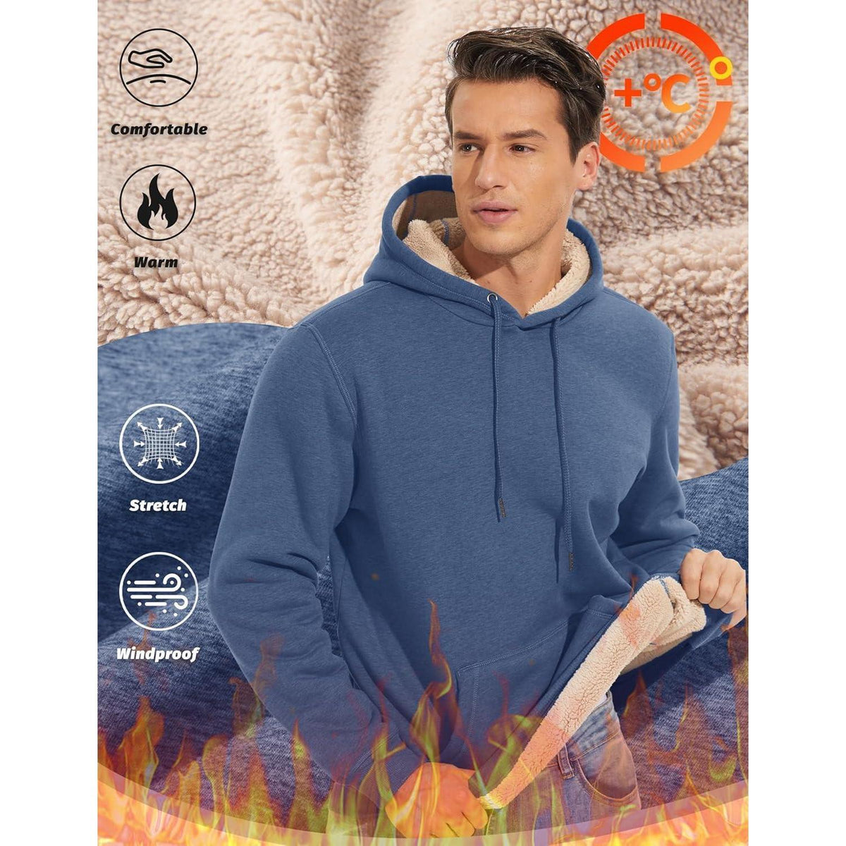 Herren Sherpa Hoodie mit Kängurutasche - Blaugrau