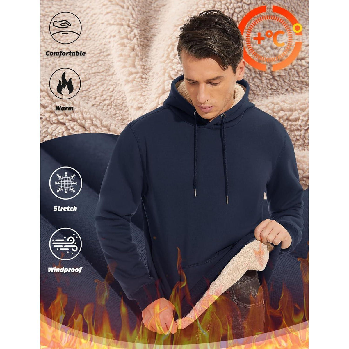 Herren Sherpa Hoodie Dunkelblau S Winddicht Warm