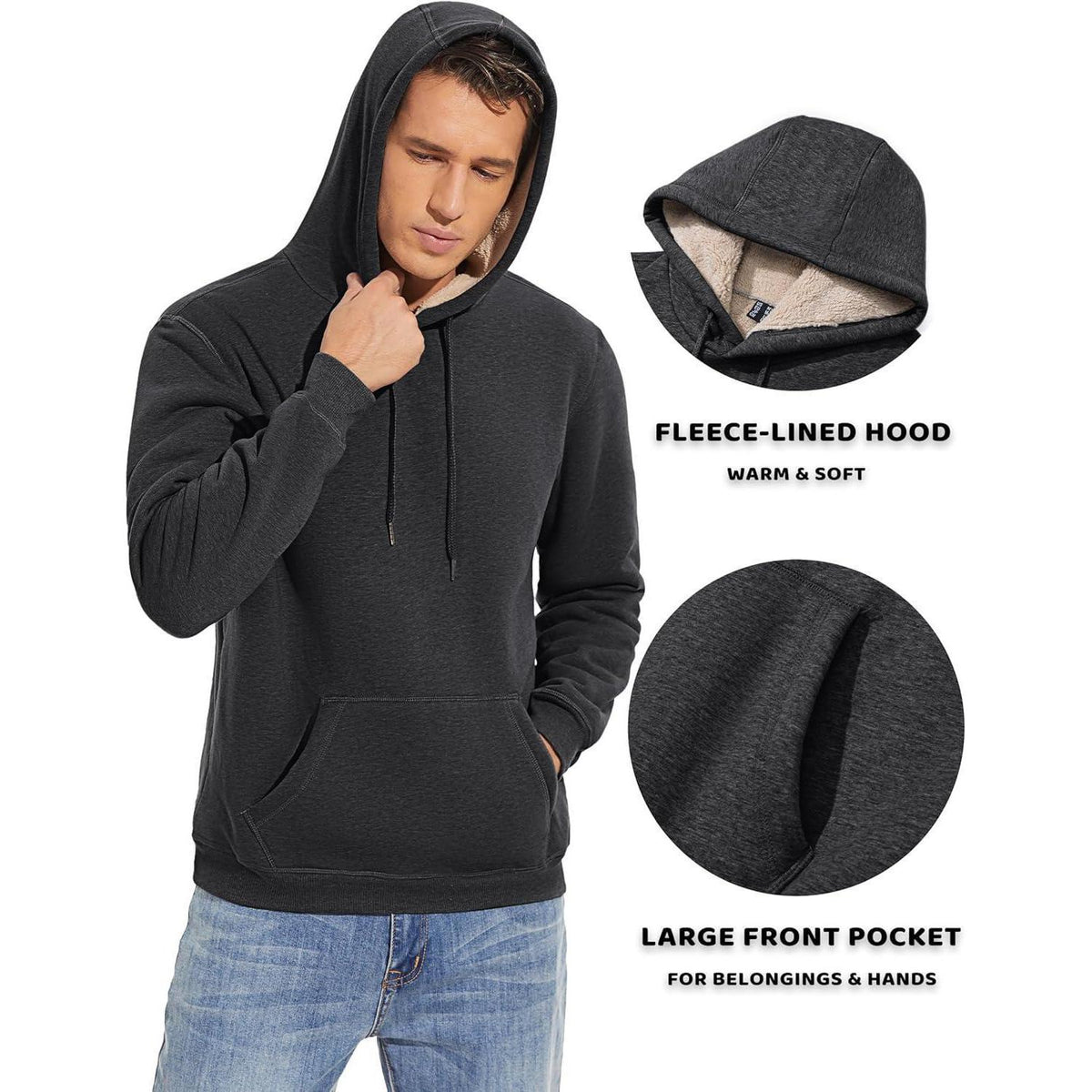 Herren Sherpa Hoodie – Dickes Fleece, Winddicht, Dunkelgrau S